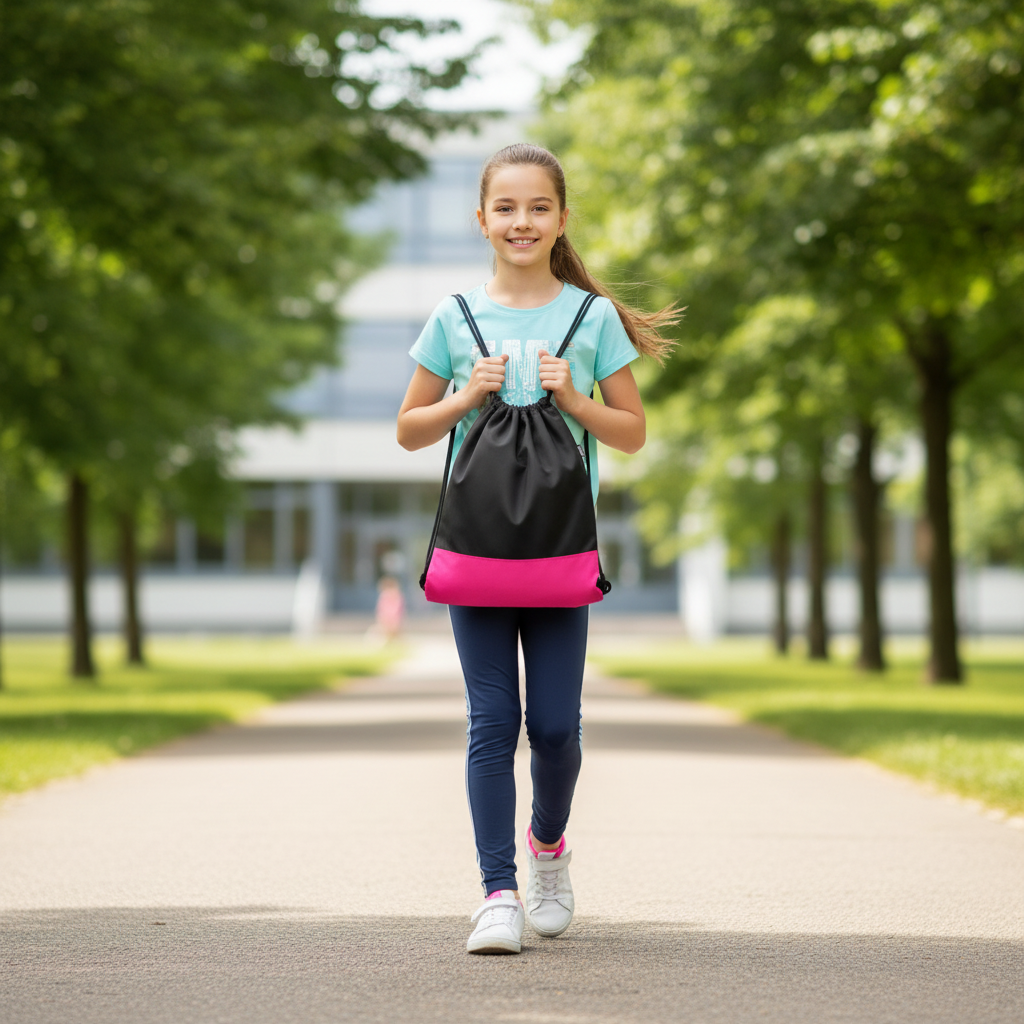 10-year-old girl carrying black and pink drawstring bag
