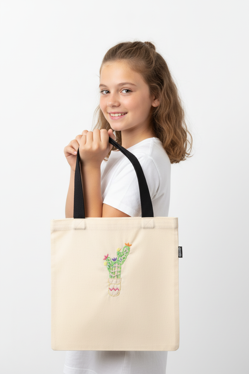 14-year-old girl holding cream beige canvas tote bag with embroidered flowering cactus