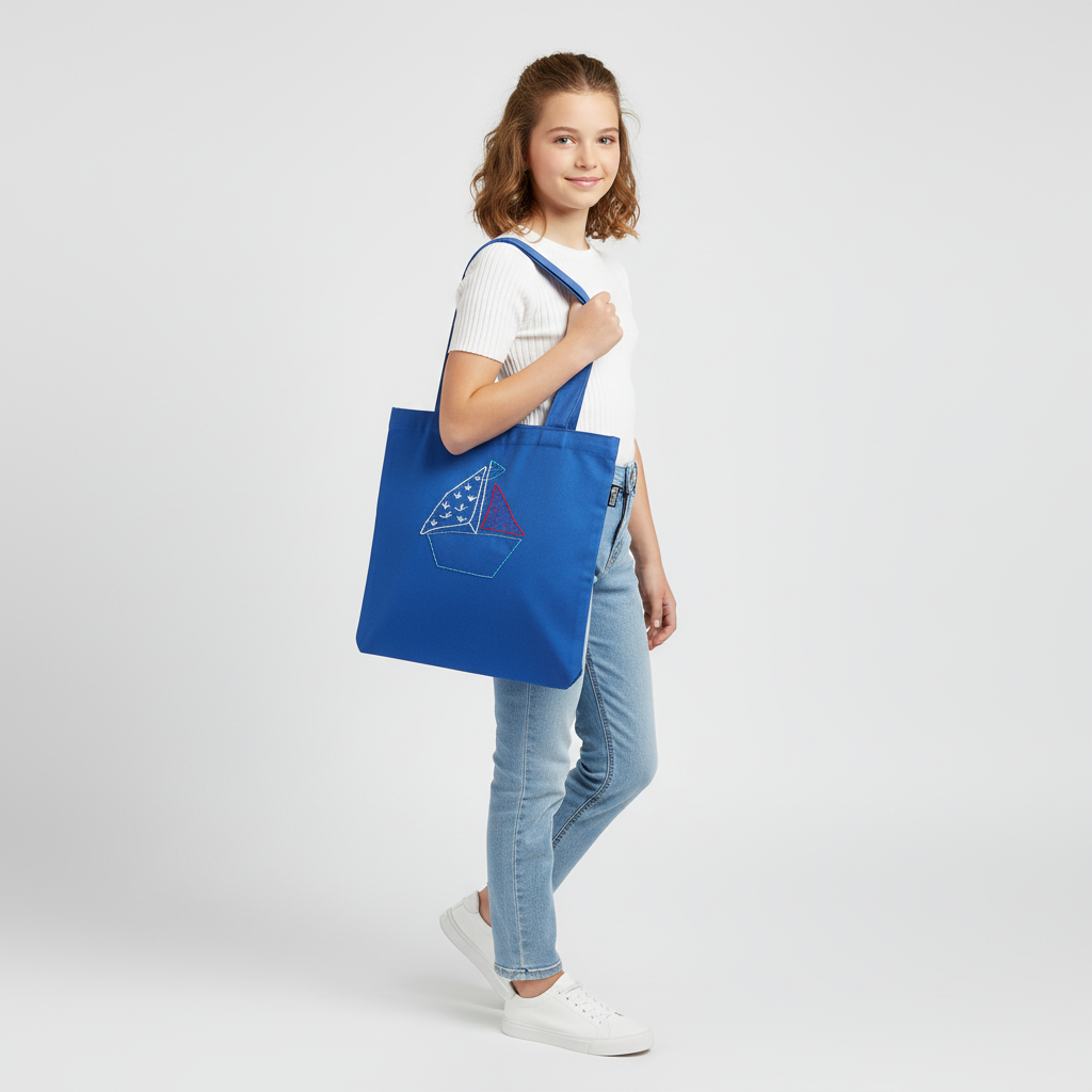 15-year-old girl holding blue sailboat tote bag