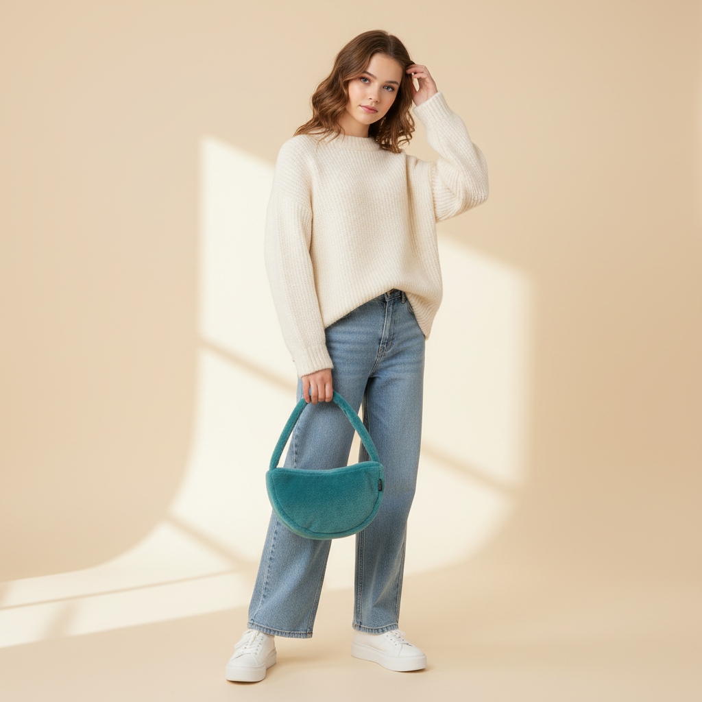 17-year-old girl holding turquoise furry handbag