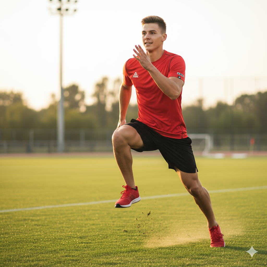 20-year-old person wearing red Peak t-shirt doing sports