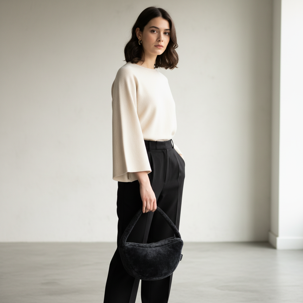20-year-old woman holding black furry handbag