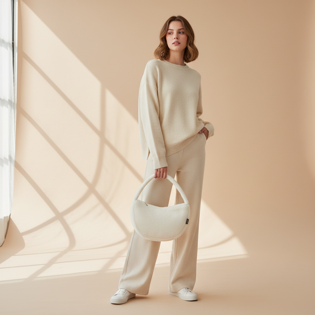 20-year-old woman holding white furry handbag