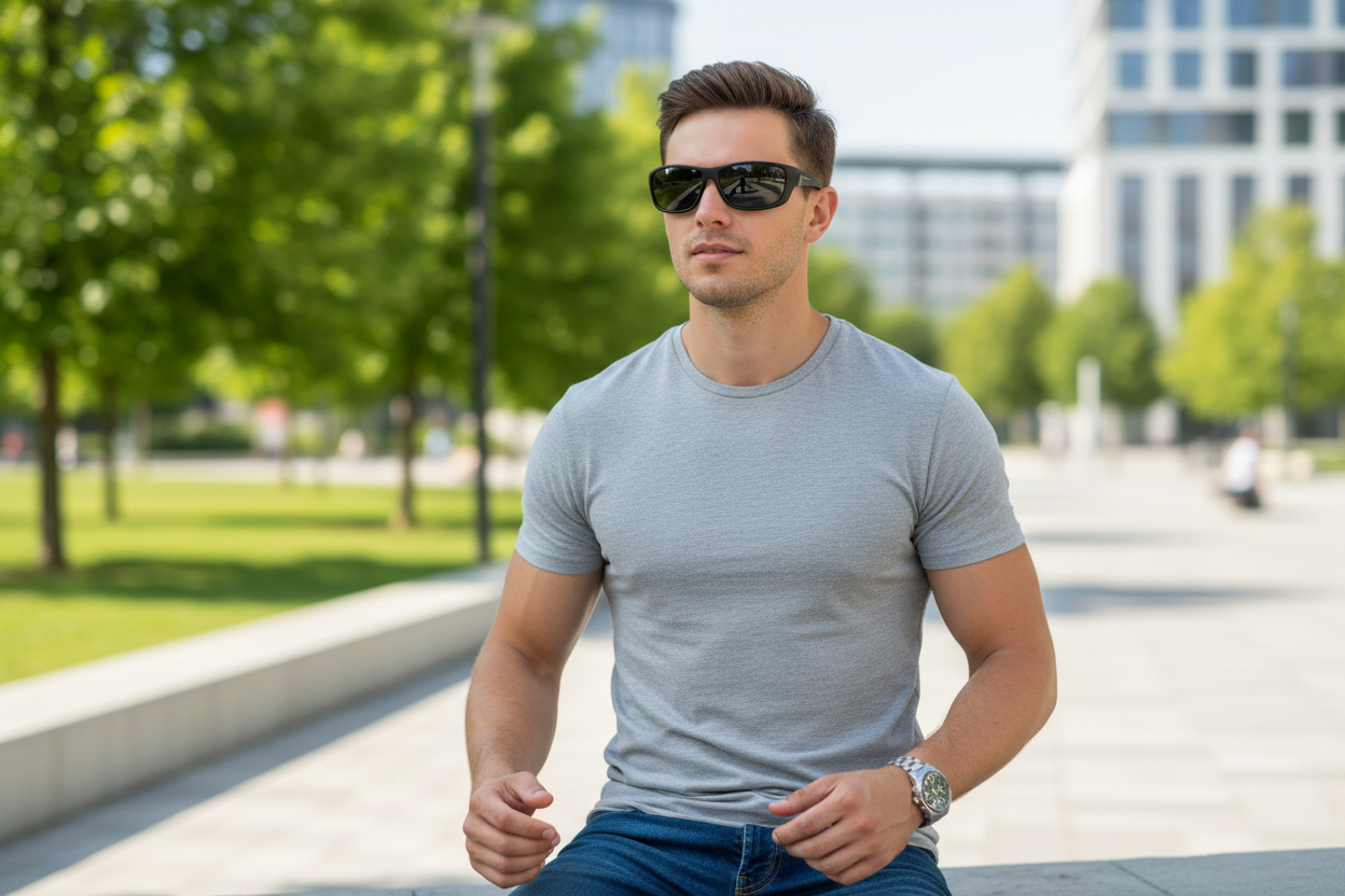 25-year-old wearing black sport sunglasses