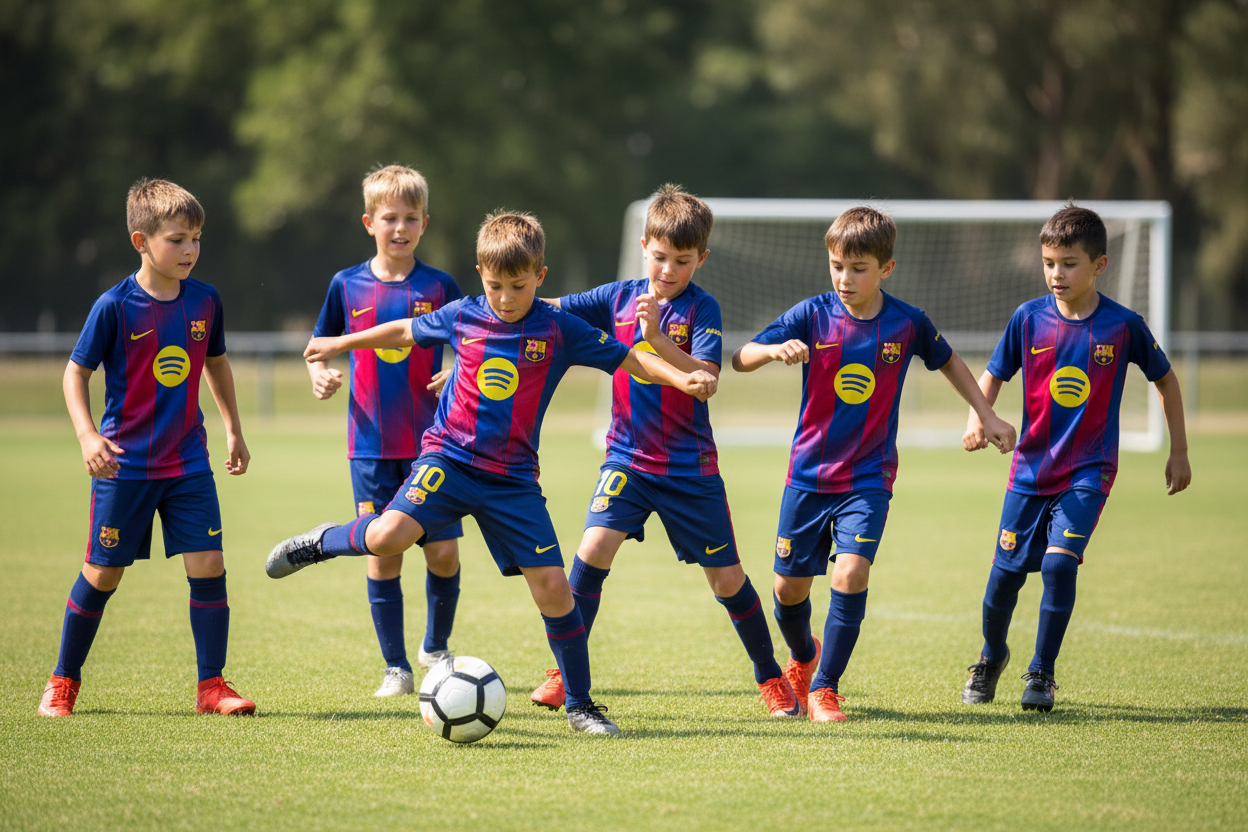6 Kids Playing Football in Barcelona Blue/Red Kit