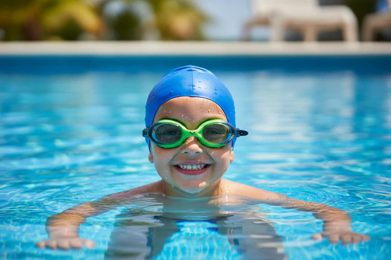6 year old child wearing Arena Spider Junior goggles in pool
