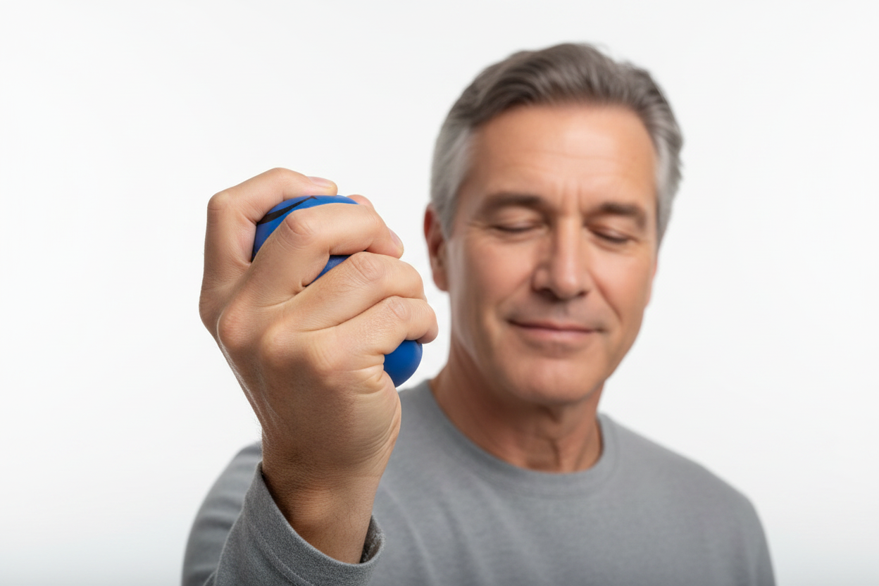 60-year-old man with royal blue stress ball