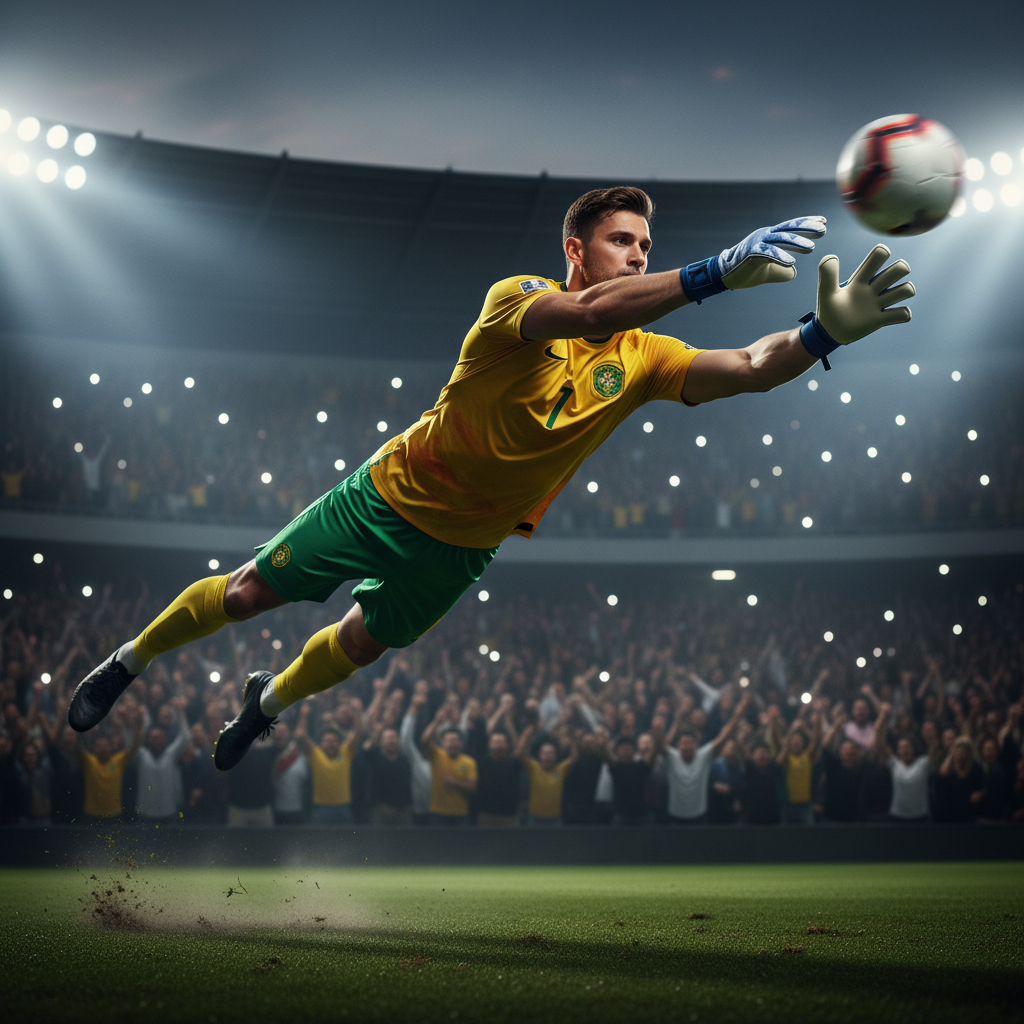 Adult goalkeeper wearing blue Nike gloves - square format