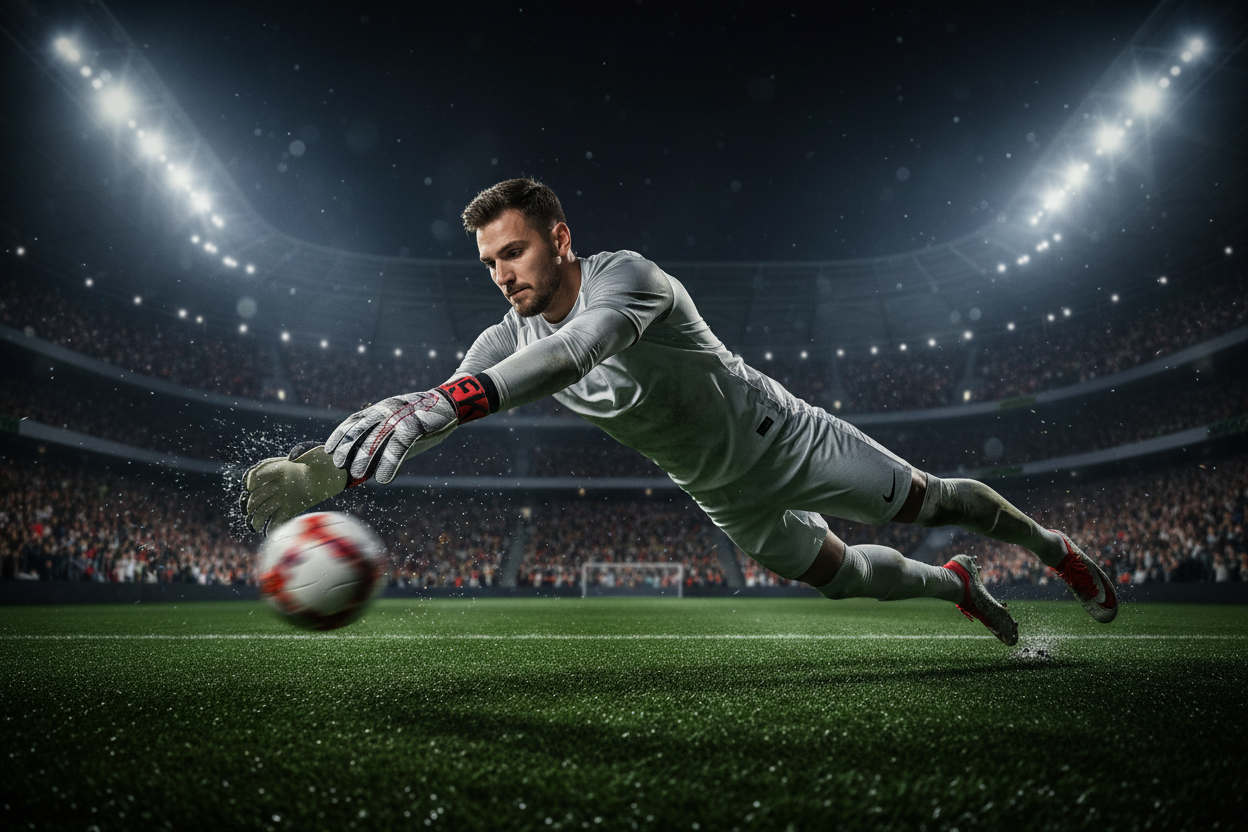 Adult goalkeeper wearing GK gloves in action