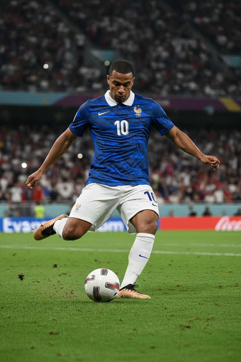 Adult wearing France #10 kit playing football
