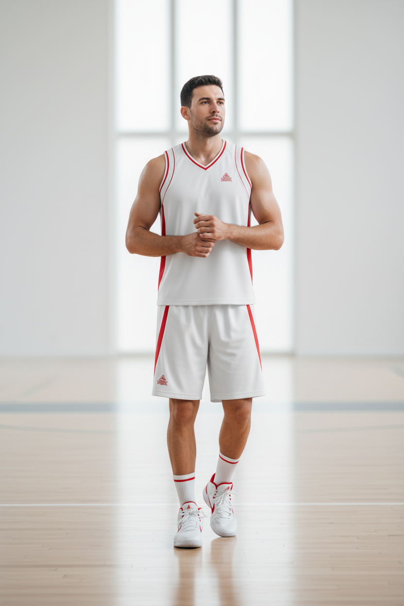 Adult wearing white and red basketball uniform lifestyle