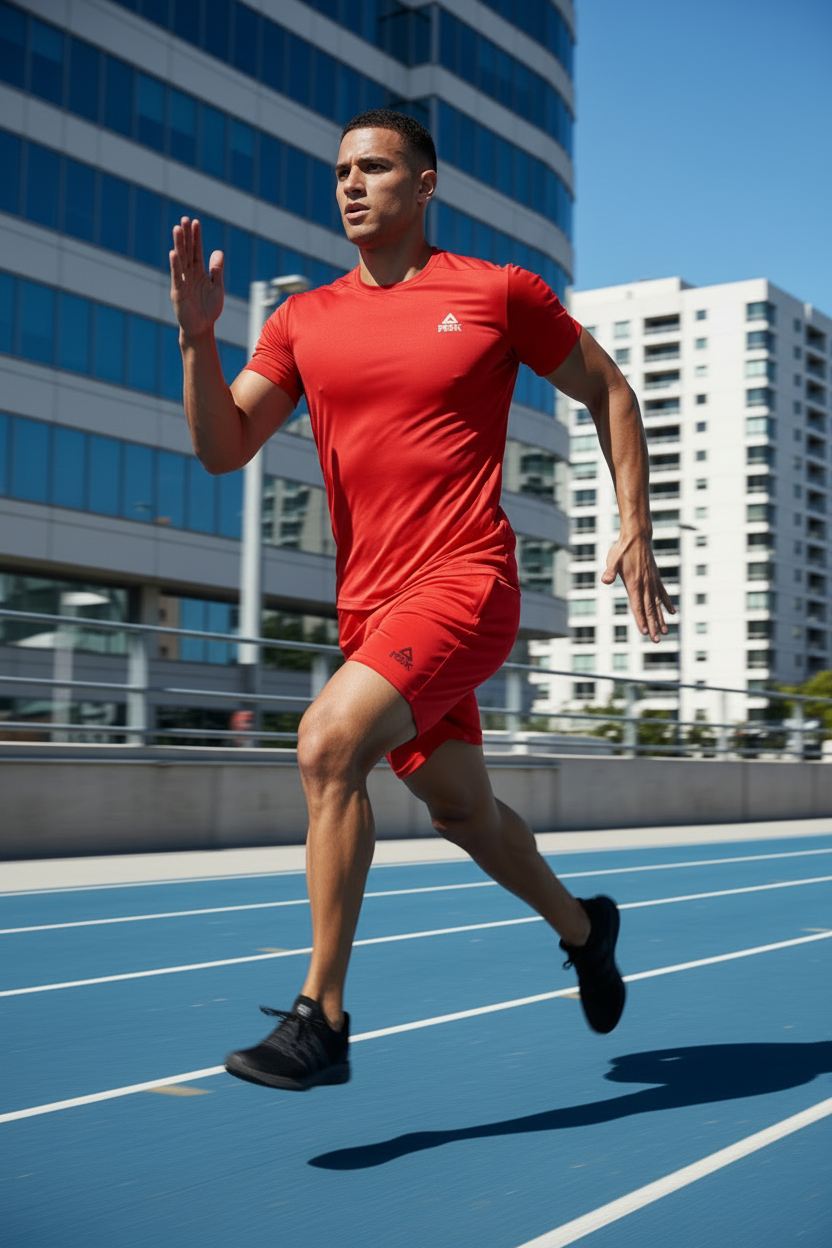 Athletic Man Running in Peak Red Shorts and T-Shirt