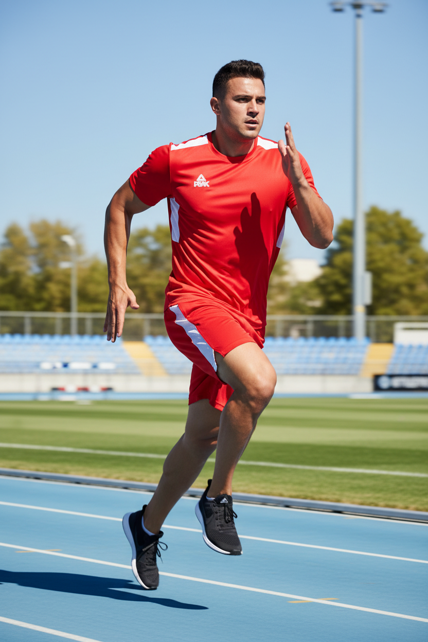 Athletic Man Running in Red & White Peak Shorts and T-Shirt