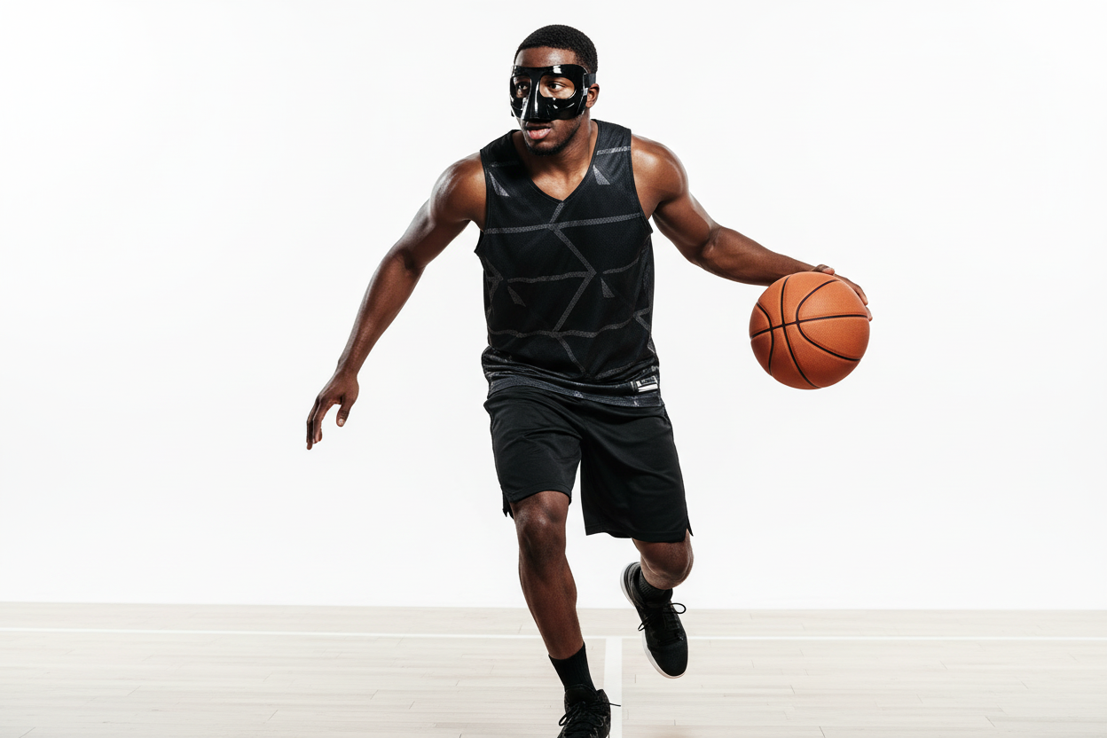 Basketball player wearing black protective face mask in action