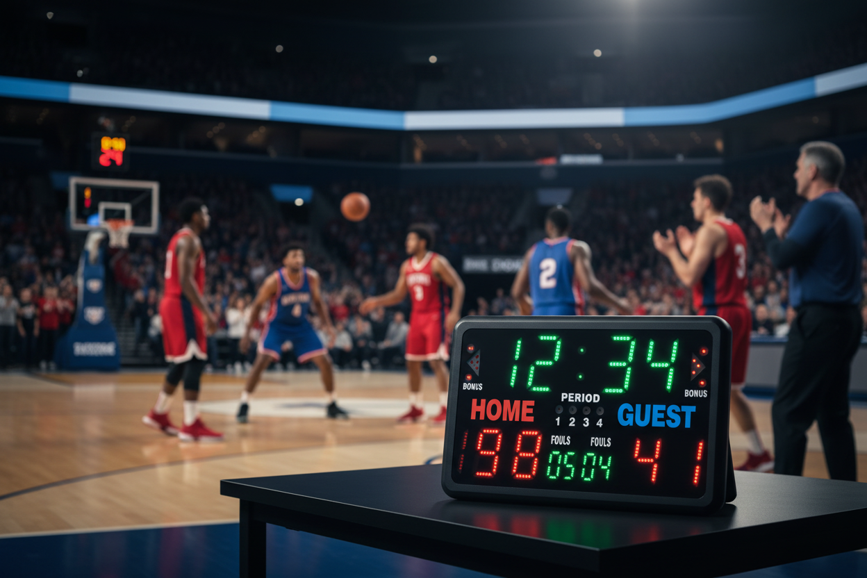 Basketball scoreboard courtside live game lifestyle photo