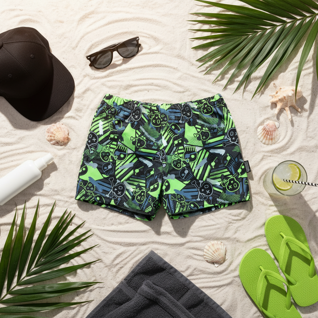 Black & Neon Green Skull Swim Shorts Summer Flat Lay