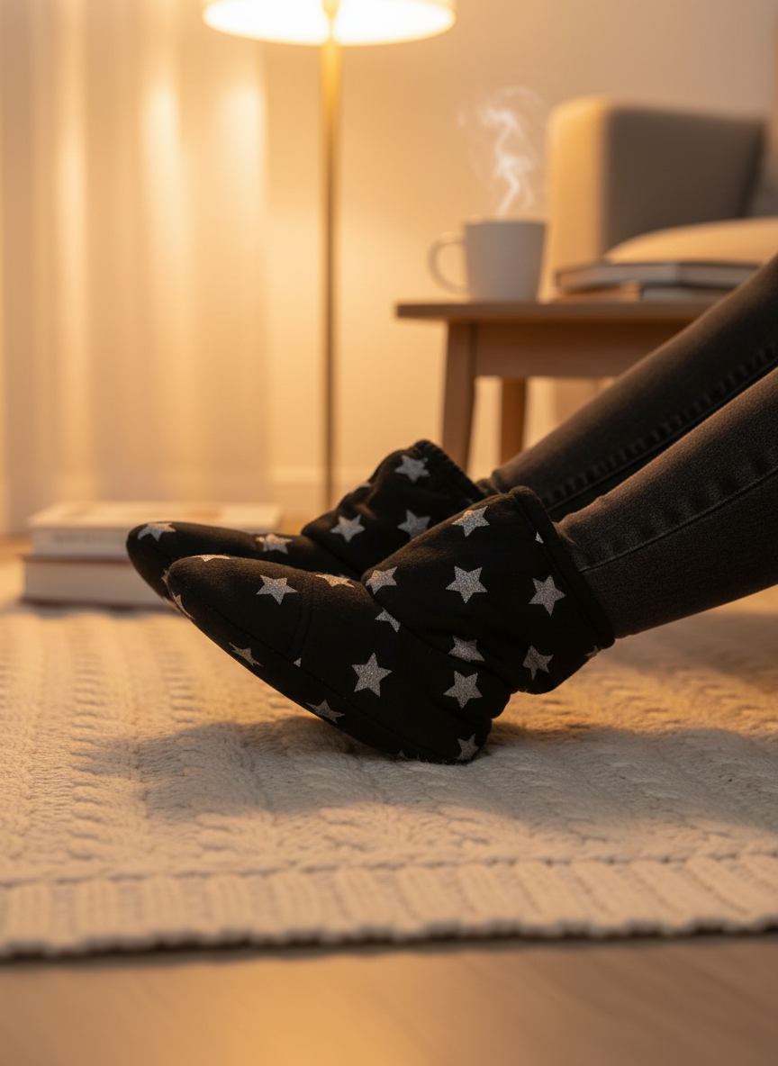 Fluffy Stars Slippers Black
