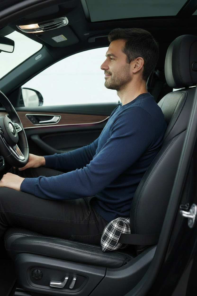 Black & white plaid pillow - man in car