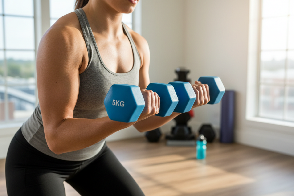 Blue 5KG vinyl dumbbells lifestyle photo