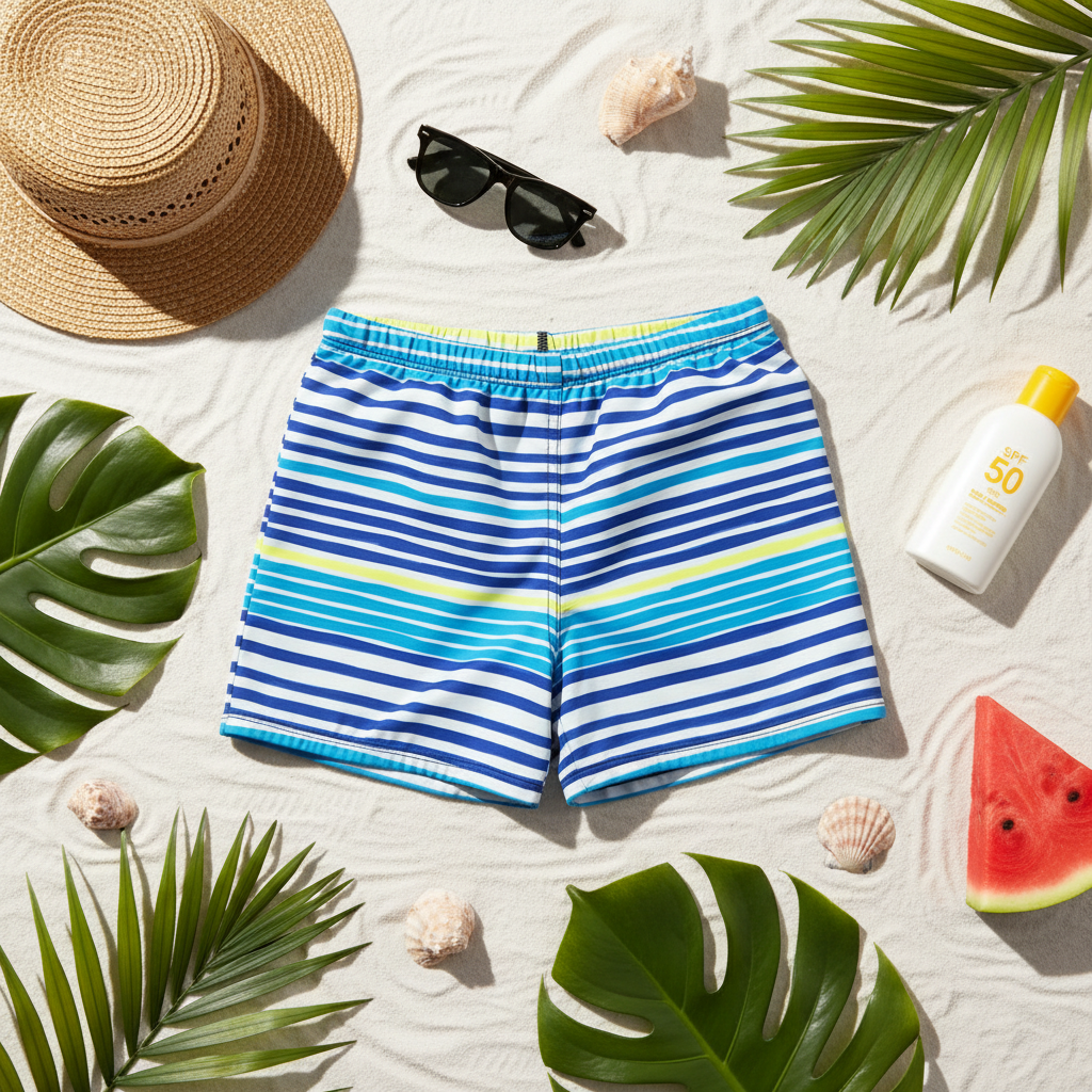 Blue Striped Swim Shorts Summer Flat Lay