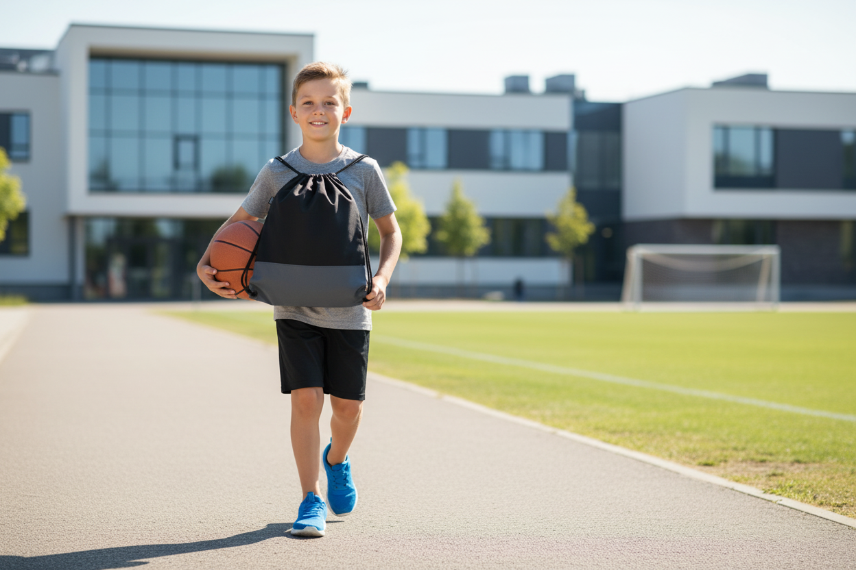 Boy holding black and gray drawstring bag