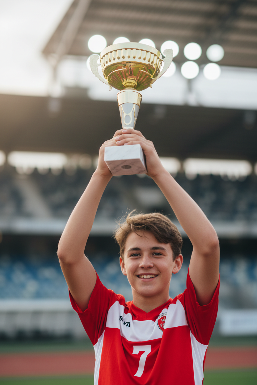 Boy holding gold trophy cup celebration