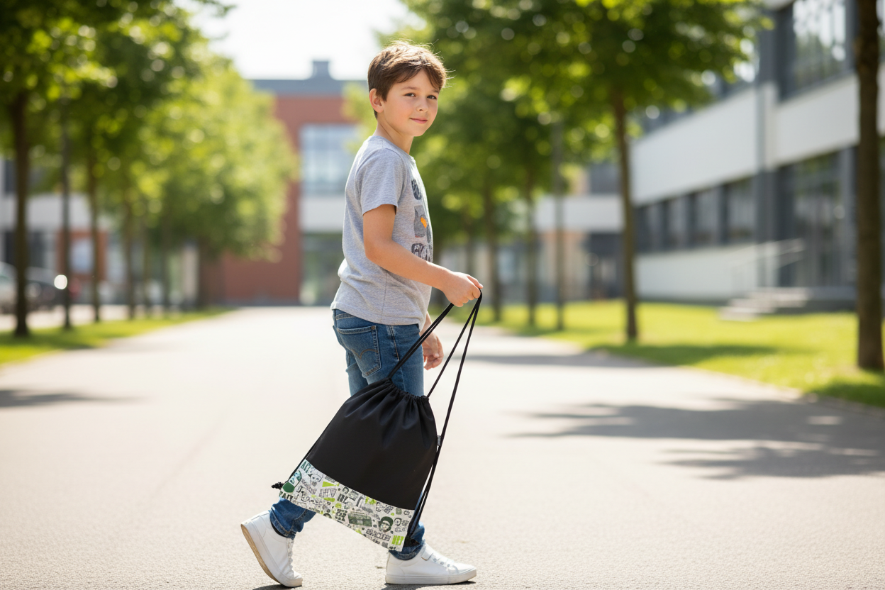 Boy holding street art drawstring bag