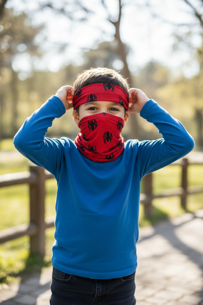 Boy in long sleeve putting on Spider-Man headgear