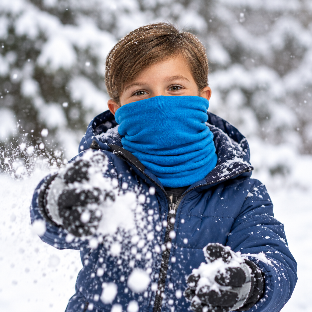 Boy playing in the snow wearing blue headgear