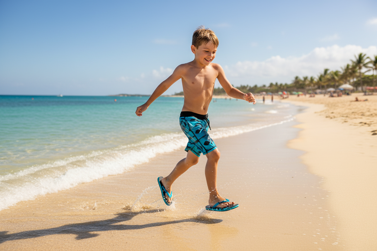 Boy wearing Arena Crawl Flip Flops at the beach