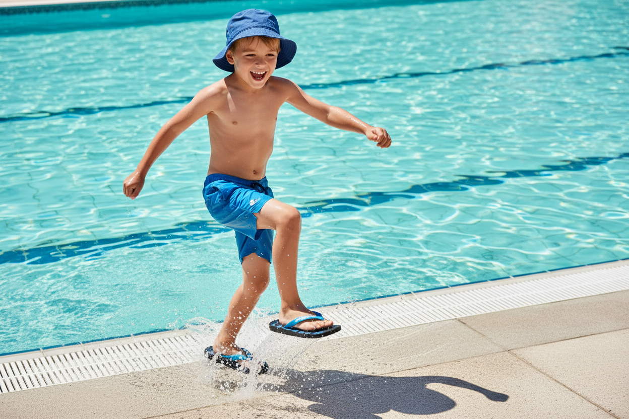 Boy wearing Arena Crawl Jr Flip Flops at the pool