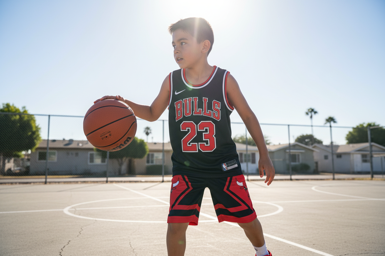 Boy wearing Chicago Bulls basketball uniform lifestyle photo