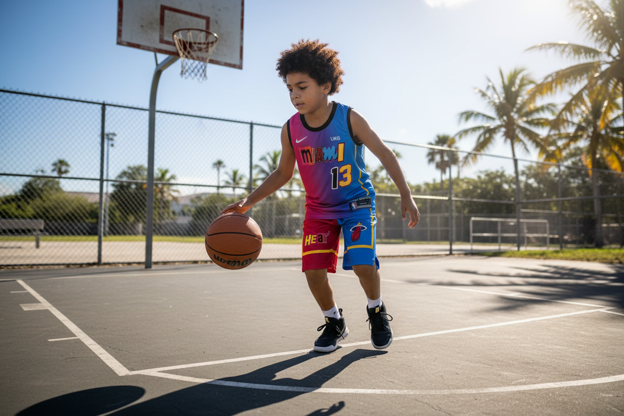 Boy wearing Miami Heat split-color uniform lifestyle photo