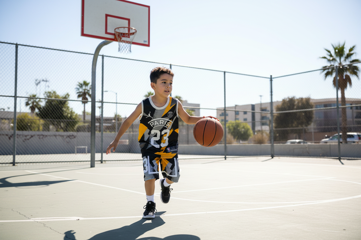 Boy wearing PSG Jordan uniform lifestyle photo