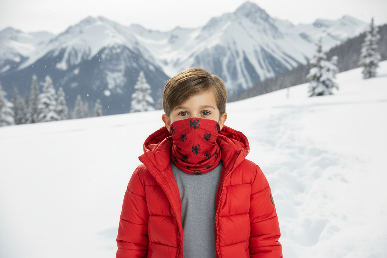 Boy with Red Spider Headgear in Snow