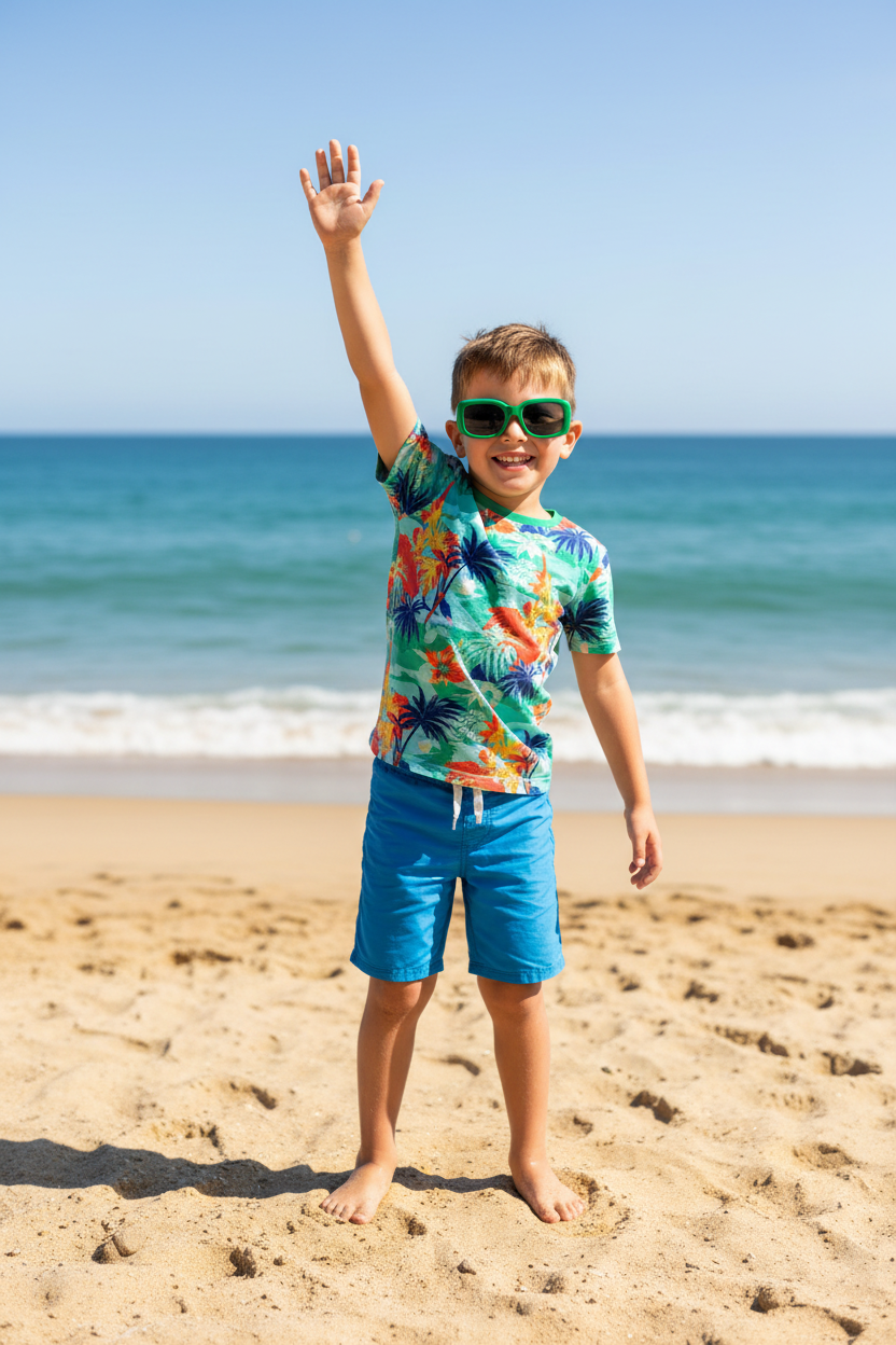 Boy with slim green sunglasses on the beach