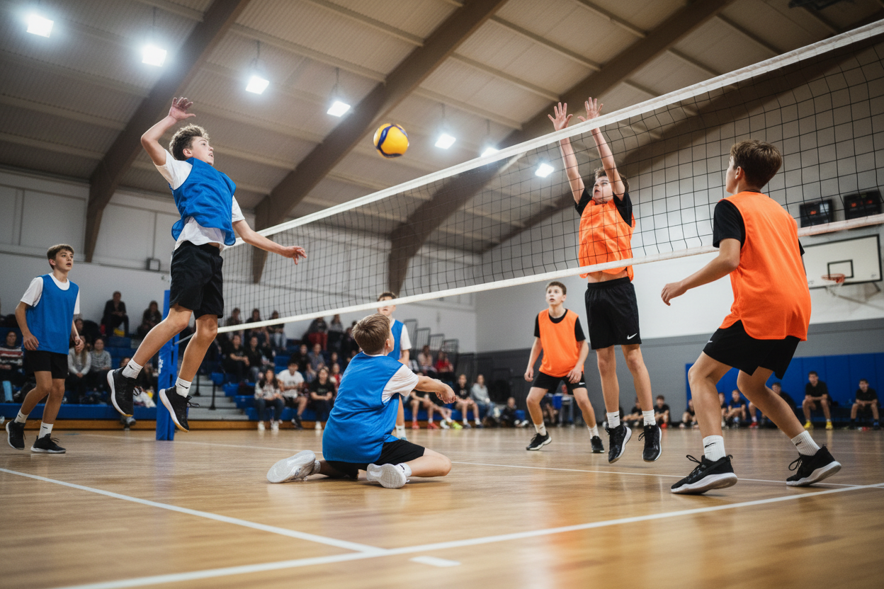 Boys team in blue bibs playing volleyball