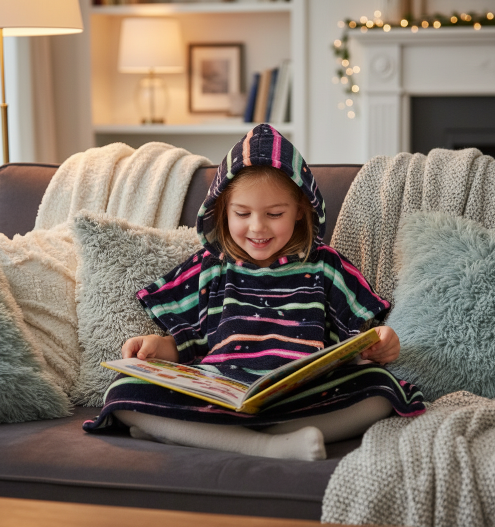 Child in striped poncho reading