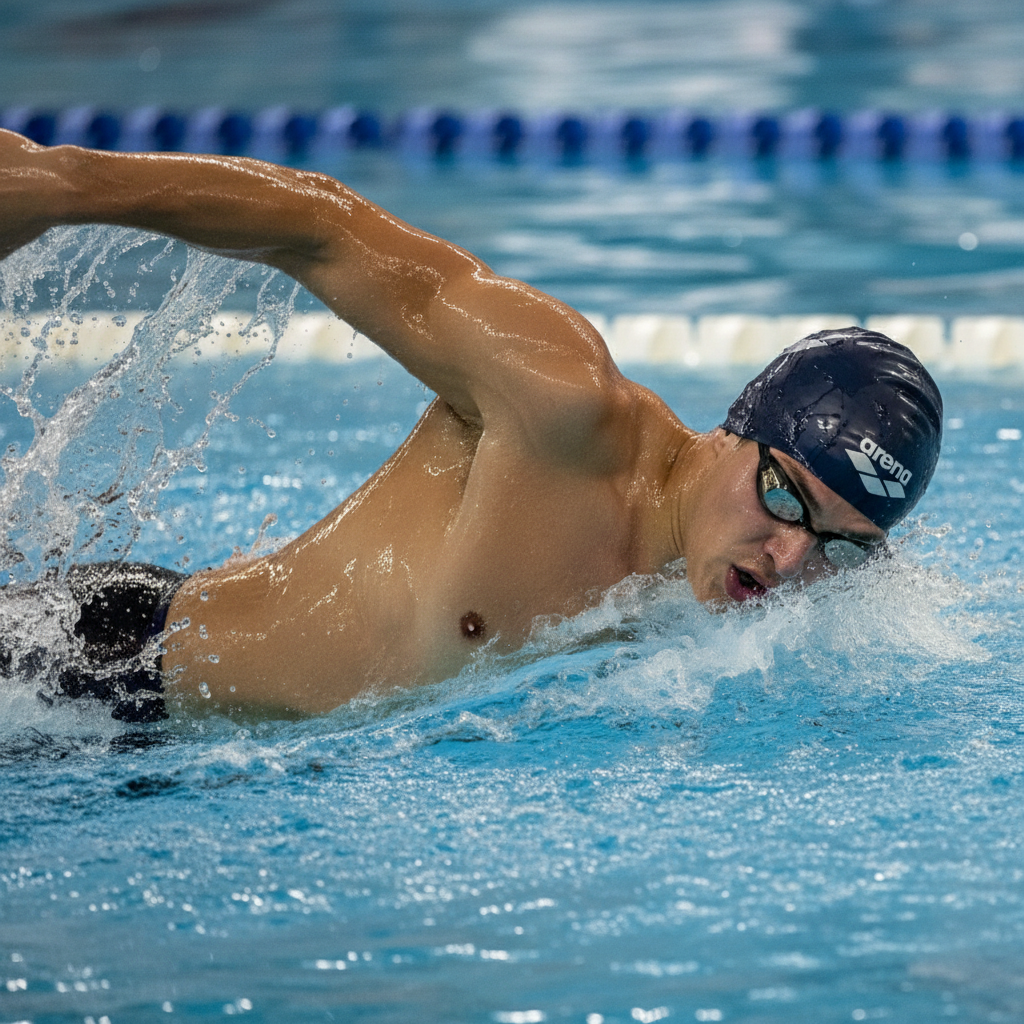 Competitive swimmer in freestyle stroke wearing navy blue Arena cap