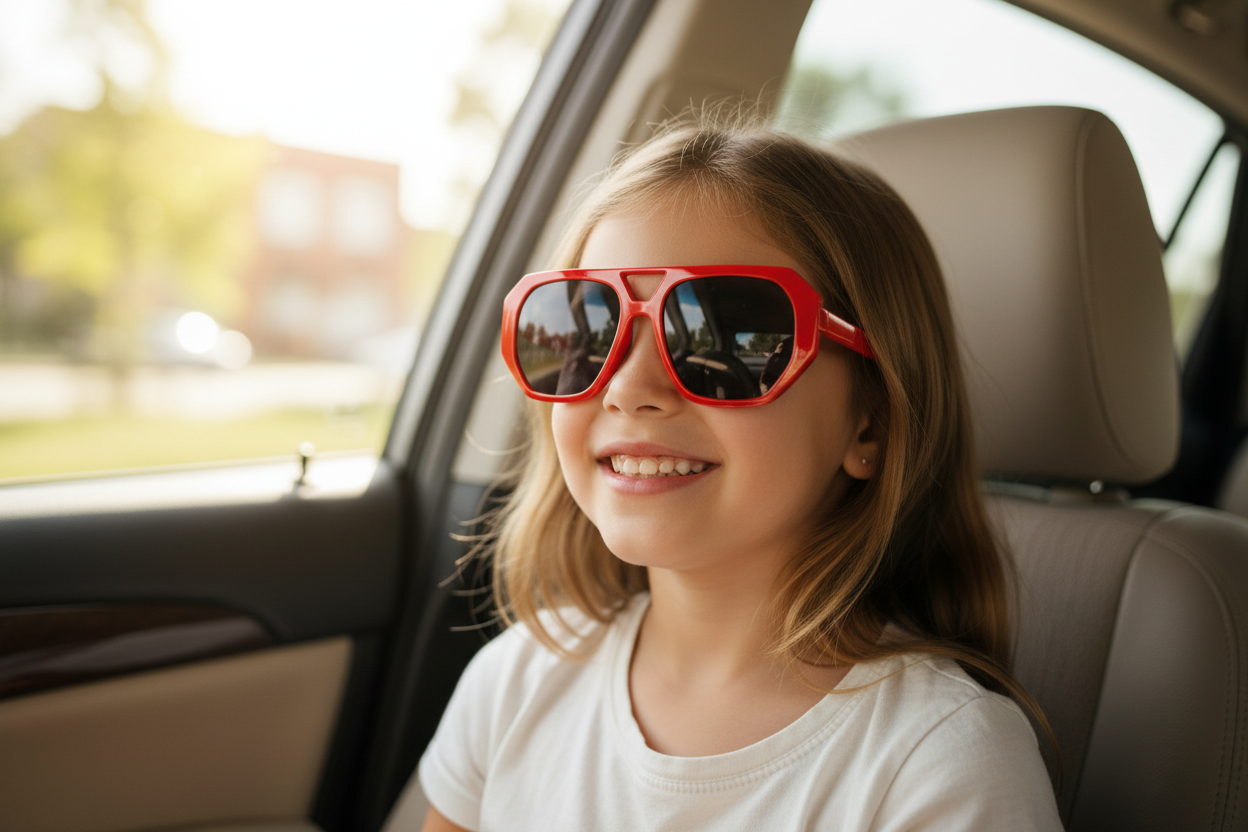 Cute girl wearing red sunglasses in car