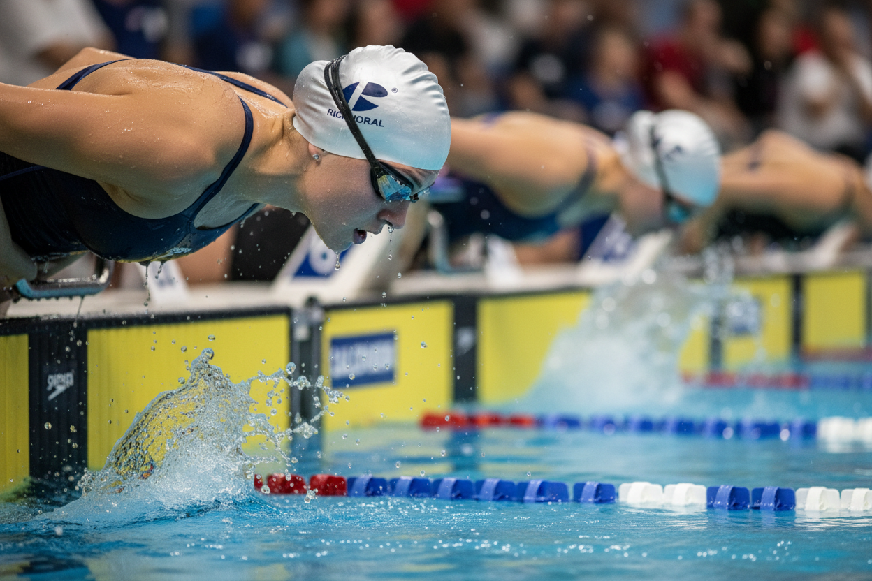 Female swimmer wearing white RICHMORAL swim cap in competition