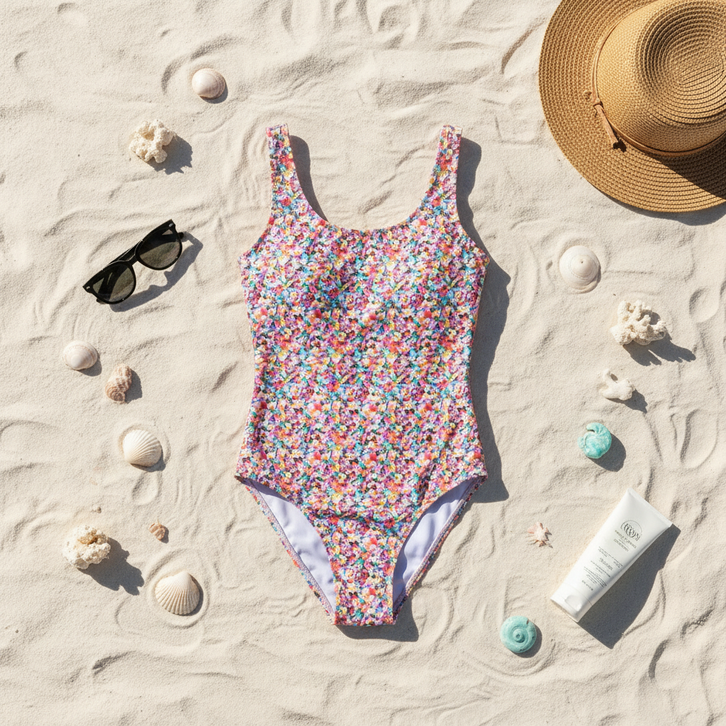 Floral Swimsuit Flat Lay with Beach Props