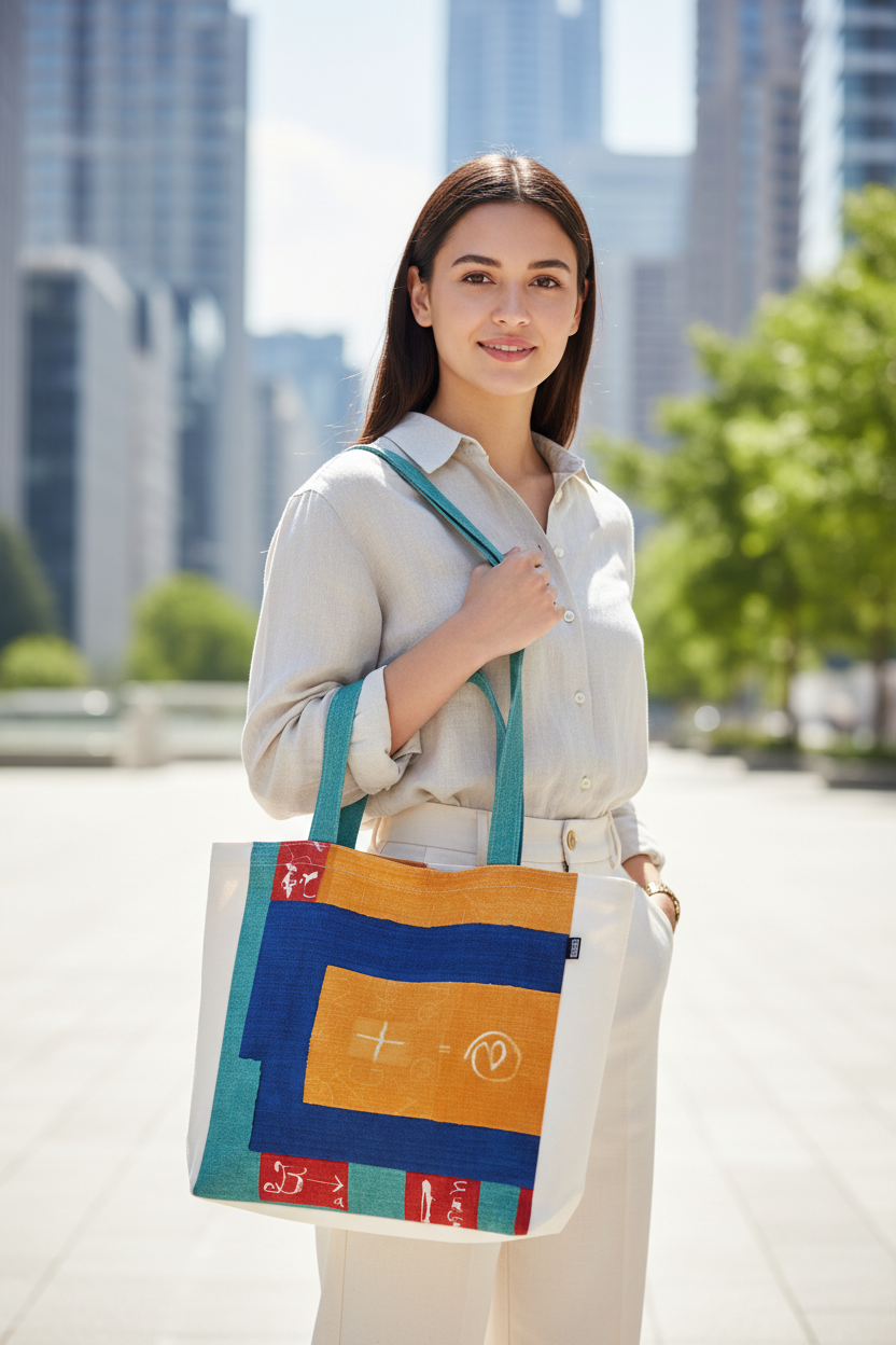 Girl holding colorful patchwork tote bag