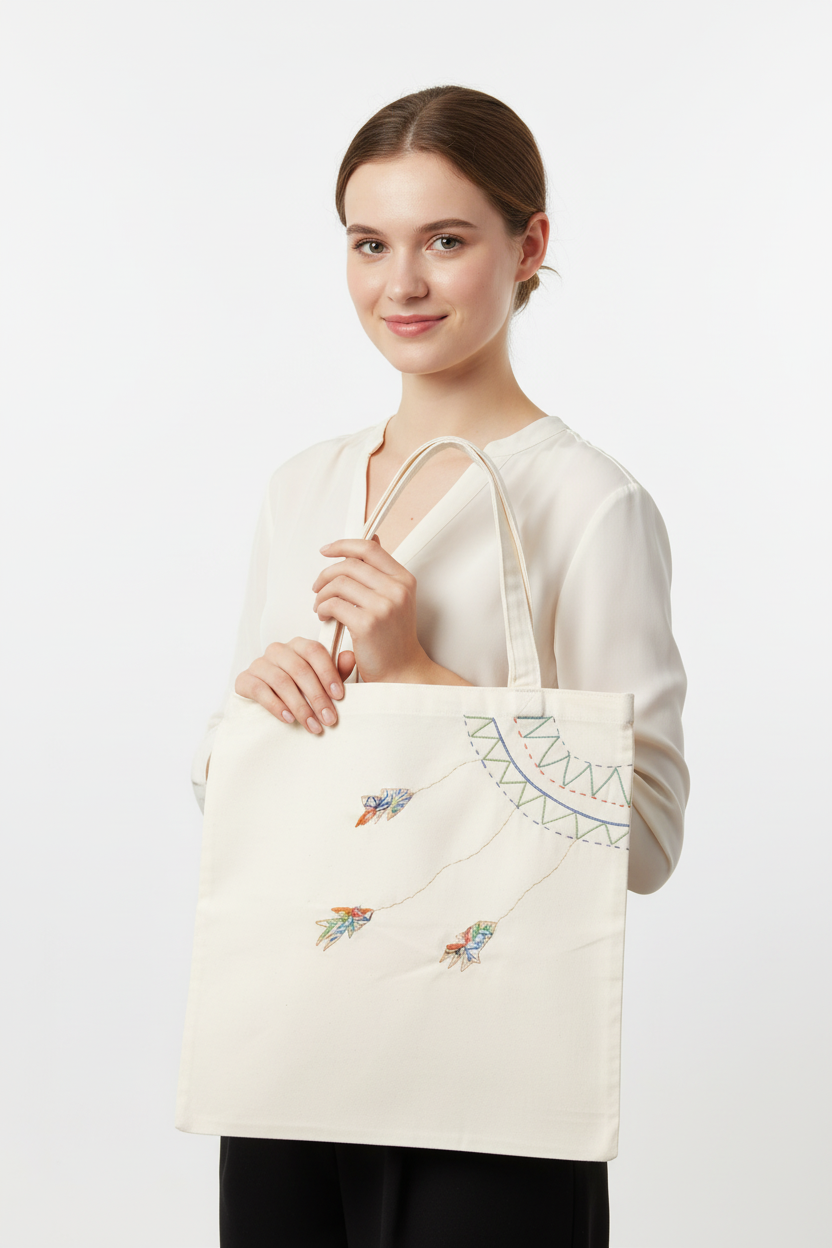 Girl holding cream white canvas tote bag with embroidered butterflies