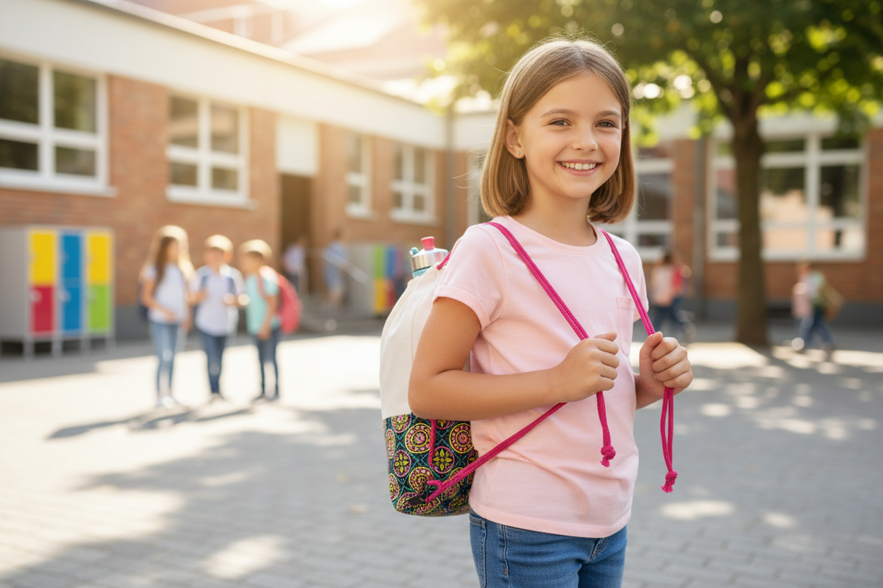 Girl holding drawstring bag