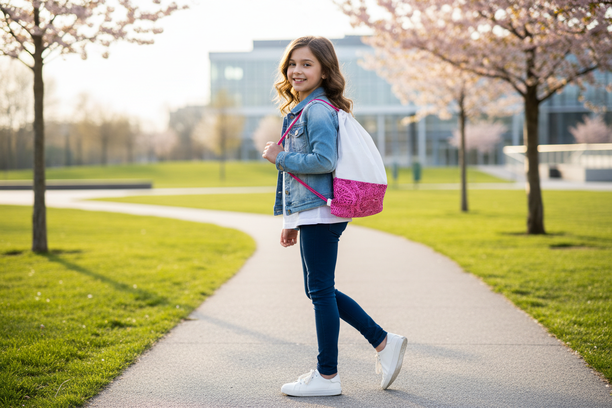 Girl holding pink paisley drawstring bag