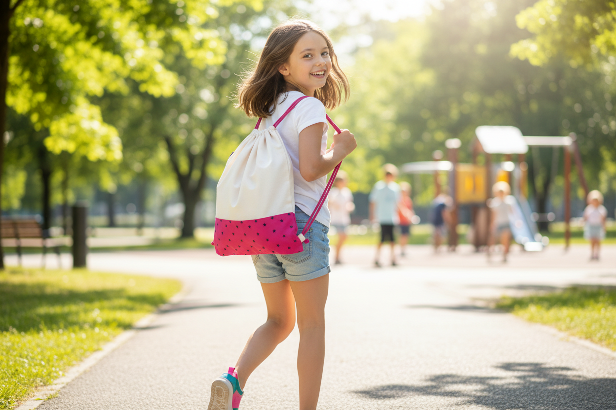 Girl holding pink star pattern drawstring bag