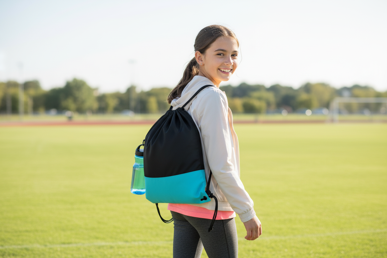 Girl holding turquoise and black drawstring bag