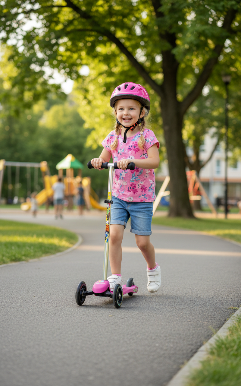 Girl riding fuchsia tri-scooter lifestyle photo