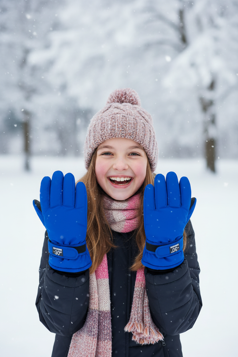 Girl wearing blue waterproof winter gloves in snow